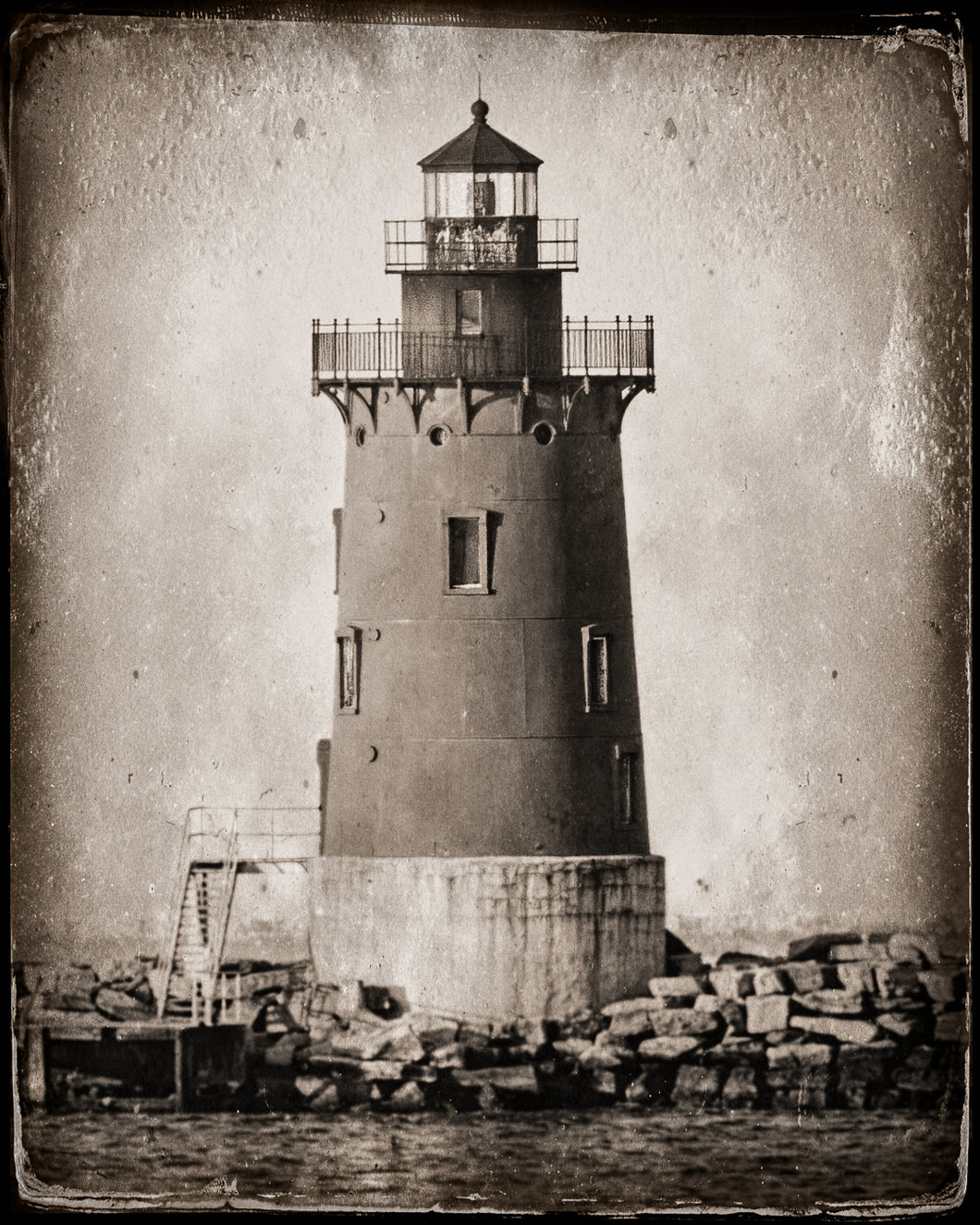 Tintype style Cape Delaware Breakwater Light photograph
