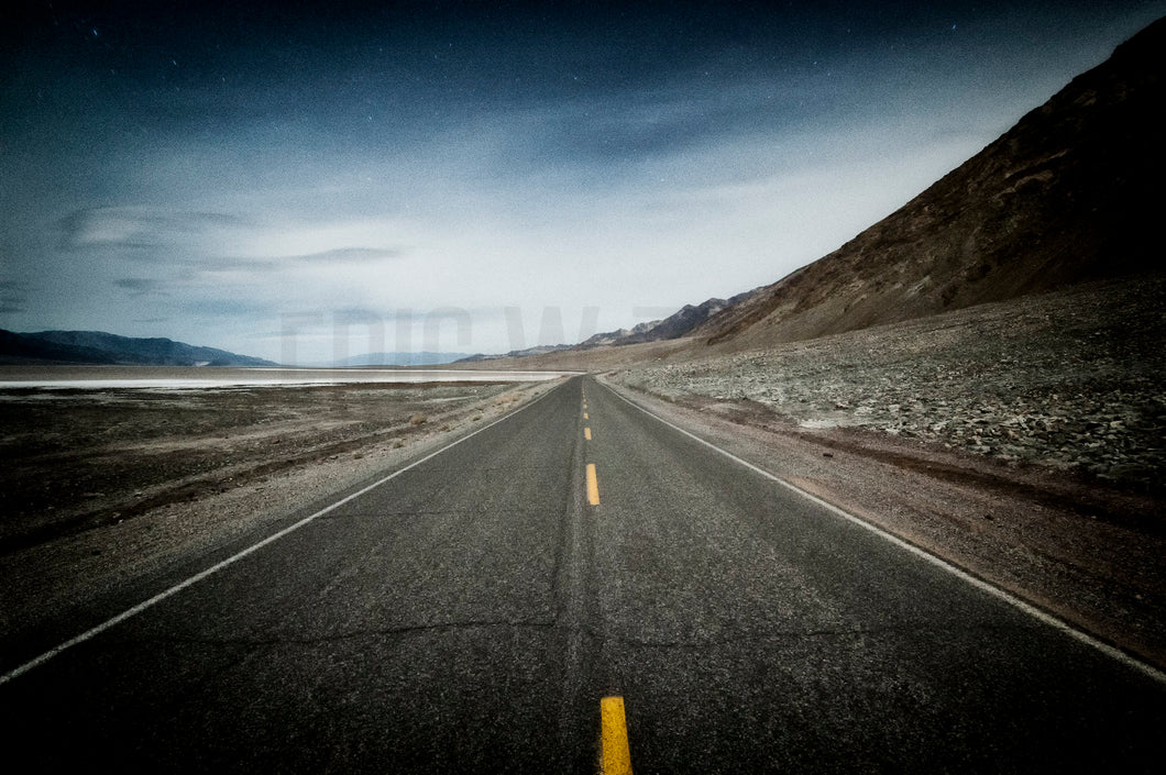 Death Valley, Open Road , Blue Gray Art, Desert Road, Southwest Landscape Photography, Desolate Nightscape, Starry Sky, Desert Highway