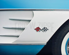 Load image into Gallery viewer, Chevrolet, Corvette, C1, 1960, Vintage auto, car, car photo, car art, blue, white, classic car, usa, sports car, car photograph,
