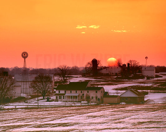 Lancaster County Pennsylvania Amish Farm Sunset, Rural Sunset, Winter Fine Art Photograph, Winter Sunset