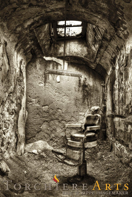 Eastern State Penitentiary, Philadelphia Jail Cell, Eerie, Barber Chair, Haunted Places, Black and White HDR Fine Art Photograph Print